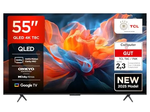TCL 55T8C 55 Zoll QLED Fernseher - Fernseher mit 4K HDR und Dolby Vision, ideal für Gamer dank 144Hz Motion Clarity Pro und FreeSync für flüssige Bilder.
