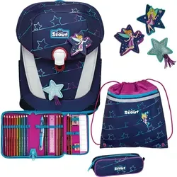 Scout SUNNY II Lightweight Blue Star Schulranzen-Set 5-tlg. - Ergonomisch & Leicht - Schulranzen-Set inklusive Sportbeutel und Federmäppchen, ergonomisch geformt und nur 950 g schwer – ideal für zierliche Kinder. Reflektierende Flächen sorgen für Sicherheit auf dem Schulweg.