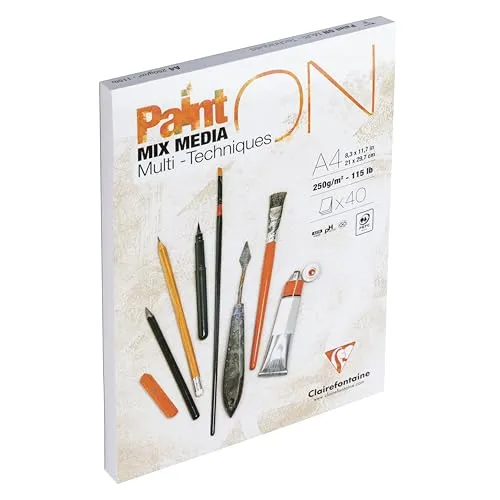 Clairefontaine 96537C - Malblock / Zeichenblock PaintON feinkörnig DIN A4 21x29,7 cm, kopfseitig geleimt, 40 Blatt, 250g, 100% Zellulose, Korrekturen möglich, ideal für Mixmedia, Weiß, 1 Stück