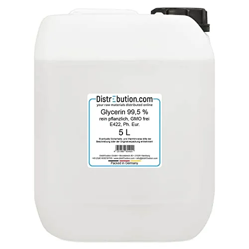 Glycerin 99,5% pflanzlich 5l für Kosmetik und Lebensmittel - Hochwertiges Glycerin in Lebensmittelqualität (E 422), ideal für die Verbesserung von Konsistenz und Geschmack. Perfekt für die Anwendung in Kosmetik und zur Feuchtigkeitsspeicherung in Lebensmitteln.