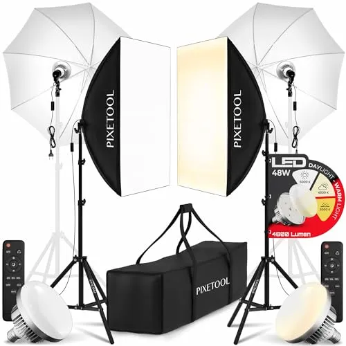 PIXETOOL Fotostudio Set – 2 Softbox Licht, 2 Durchlichtschirm, 2 LED Lampen 4800 Lumen 3000-6000K – 50x70 cm Softboxen - Fotolicht Videolicht Fotolampe – Light Streaming Video Fotografie Studiolicht