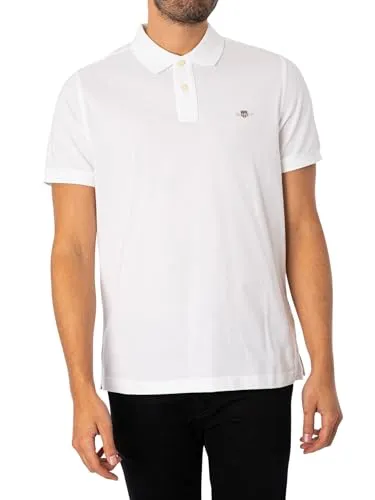 Gant Herren REG Shield SS Pique Polohemd - Stylisches Design in Weiß, Größe S - Poloshirt für Herren mit normaler Passform, Flachstrickkragen und grafischer Markenstickerei für einen eleganten Look.