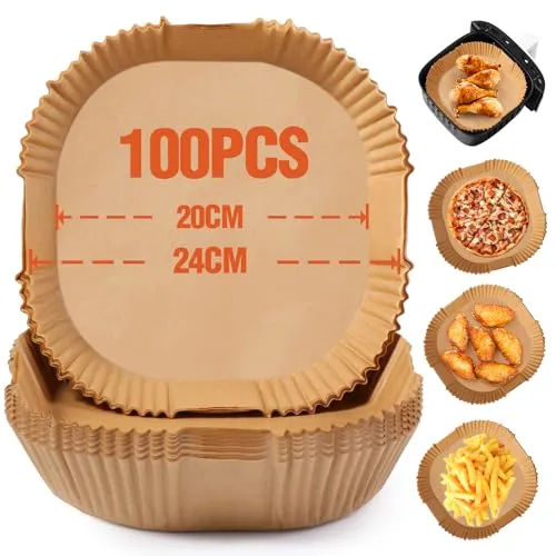 Diboniur Airfryer Backpapier für 5-8L, 100 Stück Backpapier für Heißluftfritteuse, Airfryer Zubehör Quadrat, Lebensmittelqualität, Antihaft (20-24cm)