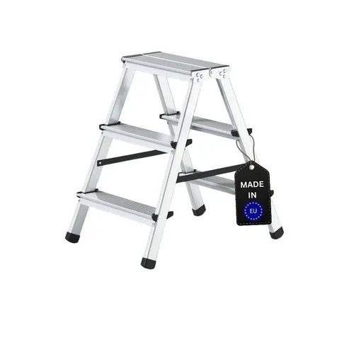 PROREGAL® Stehleiter ECONOMY BASIC, 2x3 Stufen, beidseitig begehbar, 2,60m - Leiter für semi-professionelle Arbeiten: Robuste Aluminiumkonstruktion, 125 kg Traglast, rutschfeste Füße und gerillte Sprossen für höchste Sicherheit und Komfort.