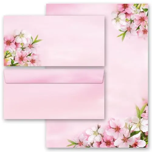 Briefpapier Set, 20 tlg. PFIRSICHBLÜTEN, 10 Blatt Briefpapier + 10 passende Briefumschläge ohne Fenster, DIN A4 & DIN LANG im Set.,