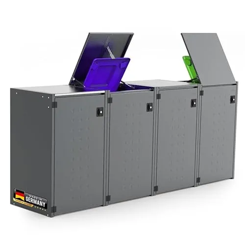 reinkedesign Mülltonnenbox Boxxi 4 x 240L aus verzinktem Stahl Anthrazit | Made in Germany | Flexibel erweiterbar und UV-beständig - Hochwertige Mülltonnenbox aus verzinktem Stahl in Anthrazit, ausgestattet mit Gasdruckdämpfern für komfortables Öffnen. Schlüsselschloss und robustes Design bieten Sicherheit und Schutz vor Nagerbefall.