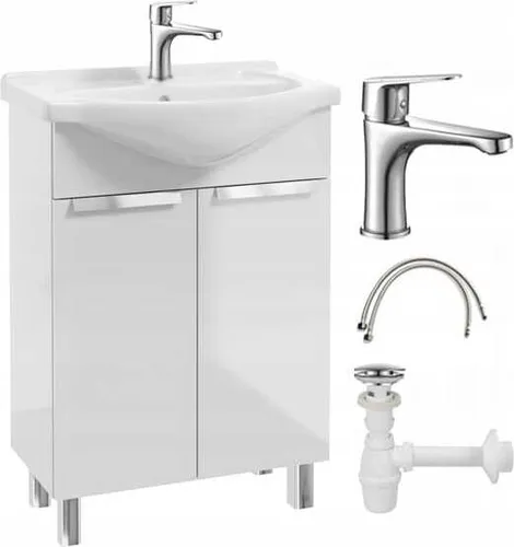 Badezimmerschrank mit Waschbecken auf Beinen 85x60 stehend weiß Lily mit länglichem Chromhahn