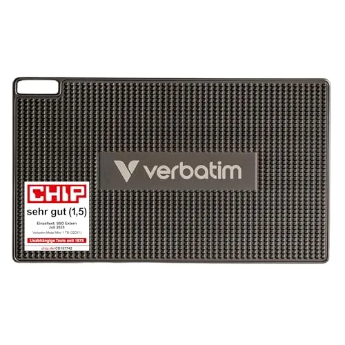 Verbatim Metall Mini SSD 1TB - Hochgeschwindigkeits USB-C 3.2 Gen 2 - Externe Festplatte mit superschnellen Übertragungsgeschwindigkeiten von bis zu 2000 MB/s, kompakt und robust für unterwegs, inklusive Nero Backup-Software für einfache Datensicherung.