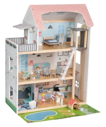 Playtive Puppenhaus Set Holz 3 Etagen mit Balkon und Klingel