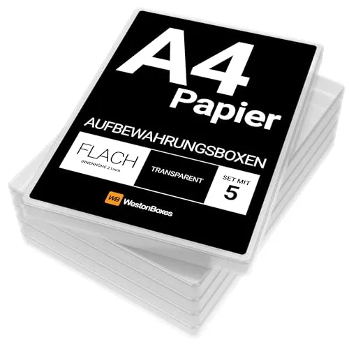 WestonBoxes Präsentations- oder Aufbewahrungsboxen aus dünnem Kunststoff im A4-Format für A4-Papier (Klar/Transparent, 5 Stück)