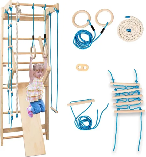 COSTWAY Sprossenwand Holz mit Spielset - Multifunktionale Turnwand für Kinder - Vielseitige Sprossenwand aus Kiefernholz mit Klimmzugstange, Kletterseil und Ringen. Ideal für Krafttraining und Spielspaß, stabil und platzsparend an der Wand montierbar.