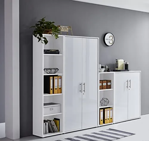 Schrankwand TABOR 4 - Abschließbares Büroregal in Hochglanz - Schränke für das Heimbüro, abschließbare Türen und verstellbare Einlegeböden bieten Sicherheit und Flexibilität für Ihre Akten und Büromaterialien.