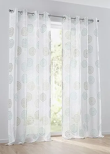 Kutti Vorhang Bella mit Ösen Gardine halbtransparent weiß türkis Kreis Motiv Breite 135 x Höhe 225 cm (1 Stück)