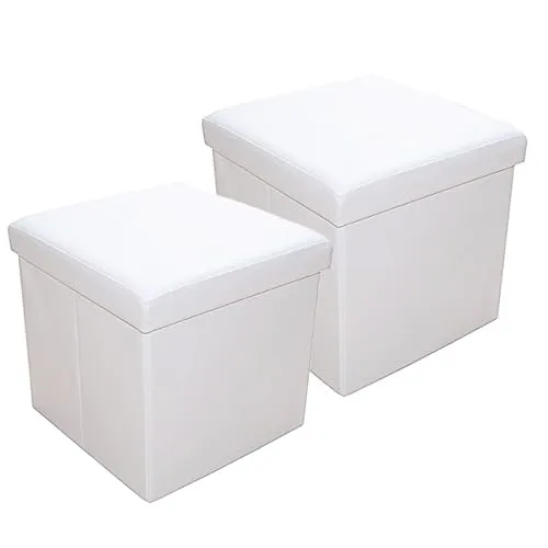 Natsen 2er Set Sitzhocker faltbar Sitzwürfel mit Stauraum, Fußbank Aufbewahrungsbox Sitztruh aus Kunstleder,38 x 38 x 38 cm, White