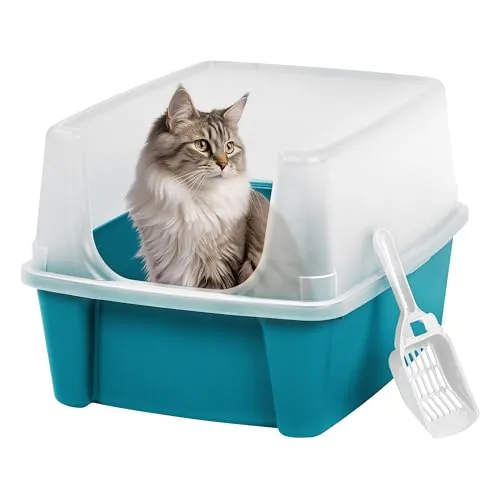 Iris Ohyama Katzenklo mit Schaufel, bis 7 kg, Blau, offen, ohne Deckel, Katzentoilette, hoher Abnehmbarer Rand, Für große Katzen, Kätzchen, Toilet, Offene Toilette, BPA-frei, Cat Litter Box, CLH-12