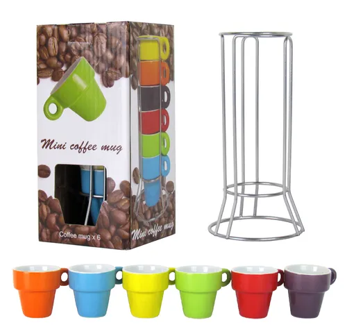 7-teiliges Espresso-Set mit bunten Tassen und Metallhalterung - Tassen & Untertassen, 6 farbenfrohe Espressotassen aus Steingut im Set, ideal für stilvolle Kaffeepausen und platzsparend mit praktischer Metallhalterung.