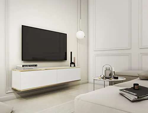 3E 3xE living.com Hängendes TV Schrank - Modernes Design mit Push-to-Open-Funktion. Farbe: Weiss, D: L: 135 cm, H: 30 cm, T: 32 cm. TV Lowboard, TV Board, TV Sideboard Hängend, Wandschrank hängend