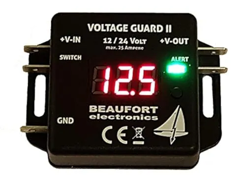 V-Guard II - Programmierbarer Batteriewächter 12V & 24V - Batterientester mit individuellem Unter- und Überspannungsschutz, Display zur Spannungsanzeige und Status-LEDs; ideal für den sicheren Betrieb von Batterien.