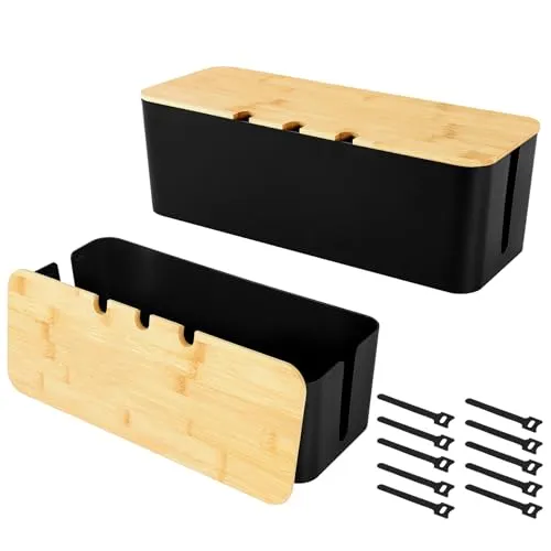 Stück Kabelbox Groß, Kabelmanagement Box, Kabel Organizer Box Mit Holzdeckel, Cable Management Box, Kabelorganisator Box zum Verstecken und Ordnen von Kabeln, Cable Organizer Box Groß (Schwarz) 2