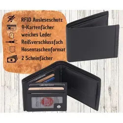 RFID-Ausleseschutz Herrenbörse schwarz aus echtem Leder - Praktische Herrenbörse im Querformat mit 6 Kreditkarten- und 3 Ausweisfächern. Ausgestattet mit integriertem RFID-Schutz und einem Münzfach mit Druckknopf für optimale Sicherheit und Organisation.