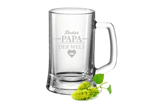 GRAVURZEILE Bierkrug mit Gravur - Bester Papa der Welt - Geschenk für Männer, Glas, ideal als Vatertagsgeschenk - 0,5l Bierglas als Geburtstagsgeschenk