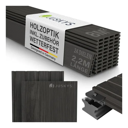 Juskys WPC Terrassendielen 8 m² - Wetterfeste Dielen für deinen Garten - Erlebe die perfekte Kombination aus Stil und Langlebigkeit mit unseren WPC-Terrassendielen. Ideal für die Gestaltung deiner Terrasse, bieten sie eine natürliche Holzoptik und sind einfach zu verlegen, inklusive Unterkonstruktion.