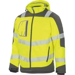 vizwell Softshelljacke Herren Warnschutz Winter-Softshelljacke Arbeitsjacke mit Kapuze robust, wärmend und zertifiziert gelb|grau XL