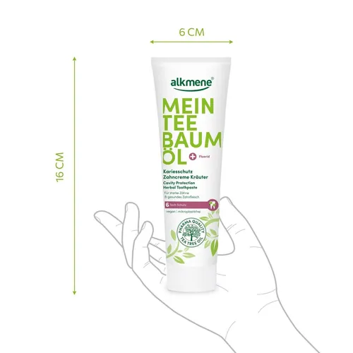 Alkmene Mein Teebaumöl Kariesschutz Kräuter Zahncreme - Zahnpasta mit 6-fach Schutz: Effektiver Kariesschutz, gesundes Zahnfleisch und frischer Atem dank natürlichem Teebaumöl und Fluorid.