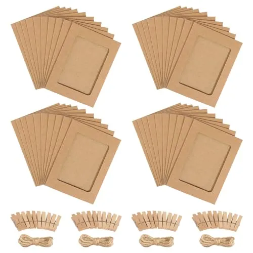 Fotogirlande 40 Stück Foto Girlande Papier Bilderrahmen Kraftpapier 10x15 Fotorahmen mit 40 Stück Holzklammern 4 Hanfseil 6 Zoll Fotos Aufhängen für Geburtstag Hochzeit Party Wand DIY Dekoration