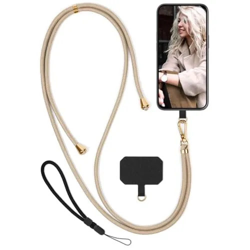 moex Unleash für ZTE Blade A72 5G Handyband zum Umhängen ohne Hülle, Handykette Universal mit Karabiner, Handy Band abnehmbar, Kette mit Pad für Handyhülle, Beige, Gold