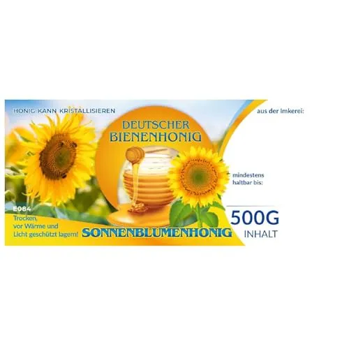 Etiketten bunt für deutschen Bienenhonig SONNENBLUMENHONIG 100 Stück / 1 Pack - Maß: 116x50mm - Imkerei - Selbstgemachte Honige - Natürliche Lebensmittel - Landwirtschaftliche Produkte
