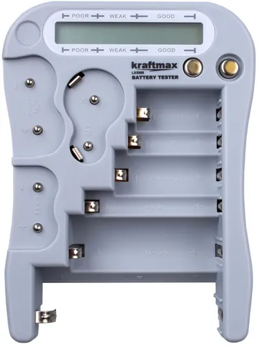 Kraftmax Batterietester für Rund- und Knopfzellen mit LC-Display - Praktischer Batterietester für über 12 Typen, inkl. digitalem LC-Display für einfache Ablesbarkeit. Ideal für den täglichen Einsatz und zur zuverlässigen Überprüfung von Batterien.