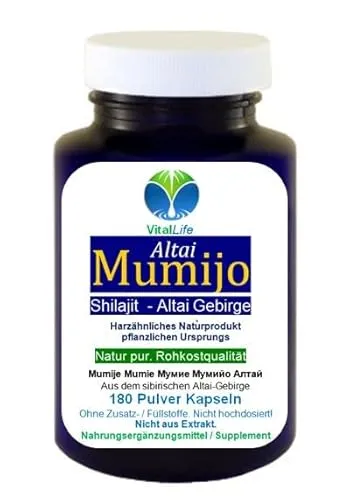 MUMIJO reines Altai Shilajit Harz 180 Kapseln - Fulvinsäure, Antioxidantien, Ayurveda Geheimnis für WORK-LIFE-BALANCE - 100% NATUR pur 1:1 Kein EXTRAKT - OHNE Zusatzstoffe. 27290-180