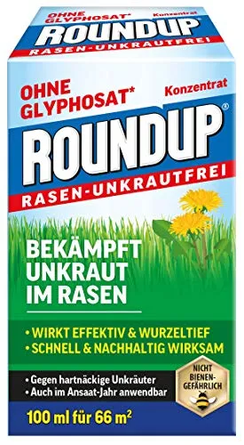Roundup Rasen-Unkrautfrei Konzentrat 100ml - Effektiver Unkrautvernichter für Rasen - Unkrautvernichter für Rasen: Wurzeltiefe Wirkung gegen gängige Unkräuter, ideal für jungen Rasen, sicher für Bienen und garantiert einen gesunden Rasenteppich.