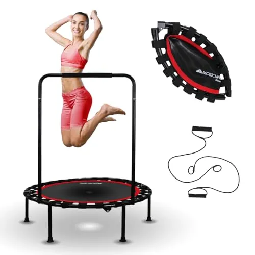 Mobiclinic® Trampolin Fitness - Zusammenklappbar mit 2 Widerstandsbändern - Fitness-Trampolin für drinnen und draußen, mit verstellbarem Griff und Tragkraft von 150 kg. Ideal für alle Altersgruppen und einfach zu lagern.