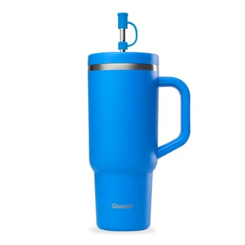 QWETCH Travel Cup – Thermobecher 900ml mit Strohhalm & Henkel – 48h Eisgekühlt / 12h Kalt – Isolierbecher aus recyceltem Edelstahl – Auslaufsicherer Schraubdeckel – Quencher Style – Schwarz