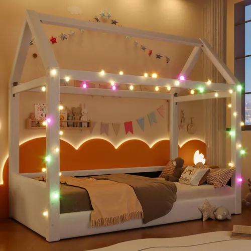 Hausbett mit Lattenrost und RGB LED-Lichterkette, 90x200cm