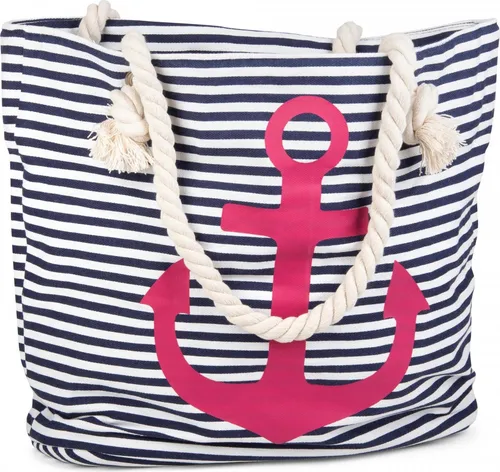 styleBREAKER gestreifte Strandtasche mit Anker Print - Damen-Shopper mit maritimem Design, geräumiges Hauptfach für Badesachen und Snacks, inklusive praktischer Innen-Reißverschlusstasche für Wertsachen.