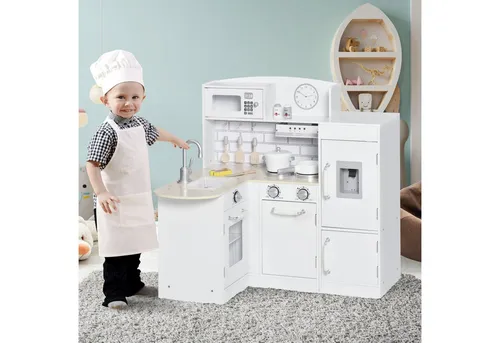 HOMCOM Kinderküche Spielküche mit elektronischem Wasserspender - Küchen-Spielzeugset mit interaktivem Wasserspender, der Lichter und Geräusche bietet. Ideal für kreatives Spiel und gemeinsames Kochen für Kinder ab 3 Jahren.