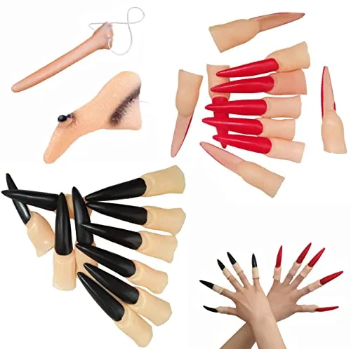 Ancuioyz 12-teiliges Set Halloween Hexenfinger,aus Zombie-Vampirnägeln, Hexennase, falscher Nase, Marionetten-Langnase, Pinocchio-Kostüm-Cosplay-Partyzubehör