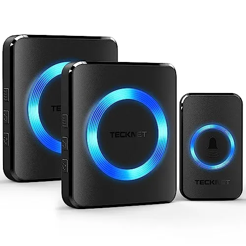 TECKNET Funkklingel, Kabellose Türklingel Funk Set 400m Reichweite, IP65 Aussen Wasserdicht Haustür Klingel mit 2 Plug-In-Empfänger und 1 Sender, Ring doorbell und Klingelknopf Mit LED-Blitz
