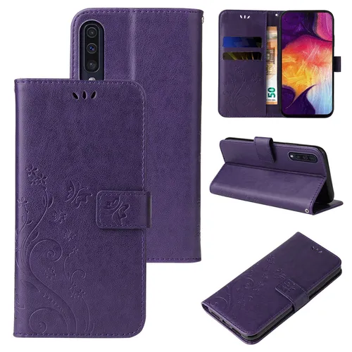 Handy Tasche für Samsung Galaxy A50 Handyhülle Blumen Buch Klapp Case Cover Lila