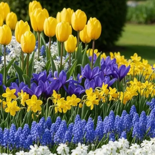 Blumenzwiebeln Mehrjährig Winterhart - Frühling Blumenzwiebelmischung Blau & Gelb - 50 Zwiebeln - Tulpen/Narzissen/Hyazinthen - Niederländische Qualität - Für Garten, Töpfe und Balkon