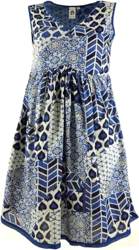 GURU SHOP Minikleid - Boho Tunikakleid in Indigo - Freizeitkleider für Damen, luftiges Baumwollkleid mit handbedrucktem Blockdruck, jedes Stück ein einzigartiges Unikat.