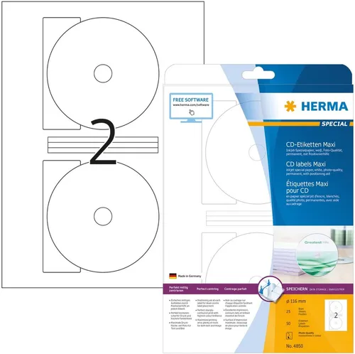 HERMA CD-Etiketten weiß Maxi 116mm für Inkjet-Drucker - Selbstklebende CD-Etiketten auf A4 für brillanten Inkjet-Druck. Mit Positionierhilfe für einfaches Aufkleben und sicherer Haftung in Laufwerken. Ideal für professionelle Beschriftungen.