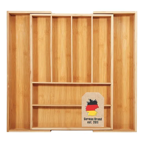 Bambus Besteckkasten Organizer mit 8 Fächern - Praktische Besteckaufbewahrung aus Bambus, ausziehbar für mehr Platz und Ordnung in der Küche.