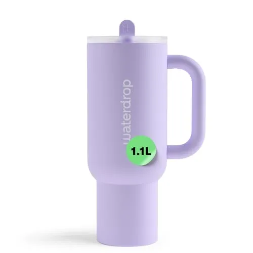 waterdrop® Thermobecher mit Strohhalm 1,1L – Auslaufsichere, robuste Trinkflasche mit aufklappbarem Trinkhalm, Hält 12h kalt, Trinkbecher mit Deckel, isolierte Edelstahlflasche