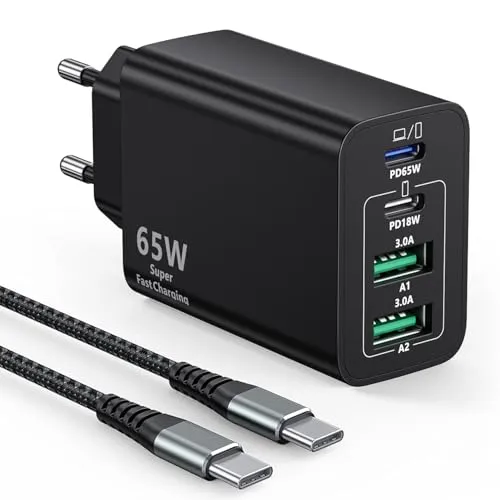 USB C Ladegerät 65W mit 4 Ports und 2M Kabel