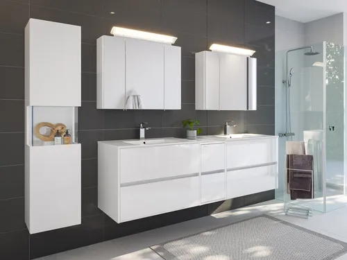 Magnolia Home Waschtisch Badmöbelset Taifun 190cm 4tlg - Hochwertiges Badmöbelset mit 2 Spiegelschränken und Seitenschrank, designed für langlebige Nutzung und einfache Montage. Genießen Sie die elegante Hochglanz-Oberfläche und optimierte Aufbewahrungslösungen.