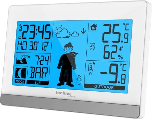 Technoline WS9612 Wetterstation in modernem Design - Wetterstation mit Außensensor, digitaler Anzeige und Alarmfunktionen. Ideal für präzise Wettervorhersage und Temperaturüberwachung in Ihrem Zuhause.